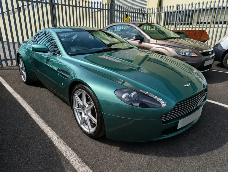 Green Aston Martin V8 Vantage at Trickett Welding Ltd classic car workshop