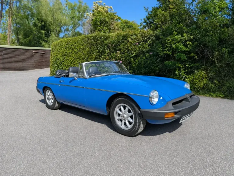 Blue classic MGB Roadster convertible restored by Trickett Welding Ltd